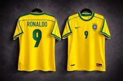 Brazilië retro thuisshirt 1998 geel met groene ronde kraag en manchetten