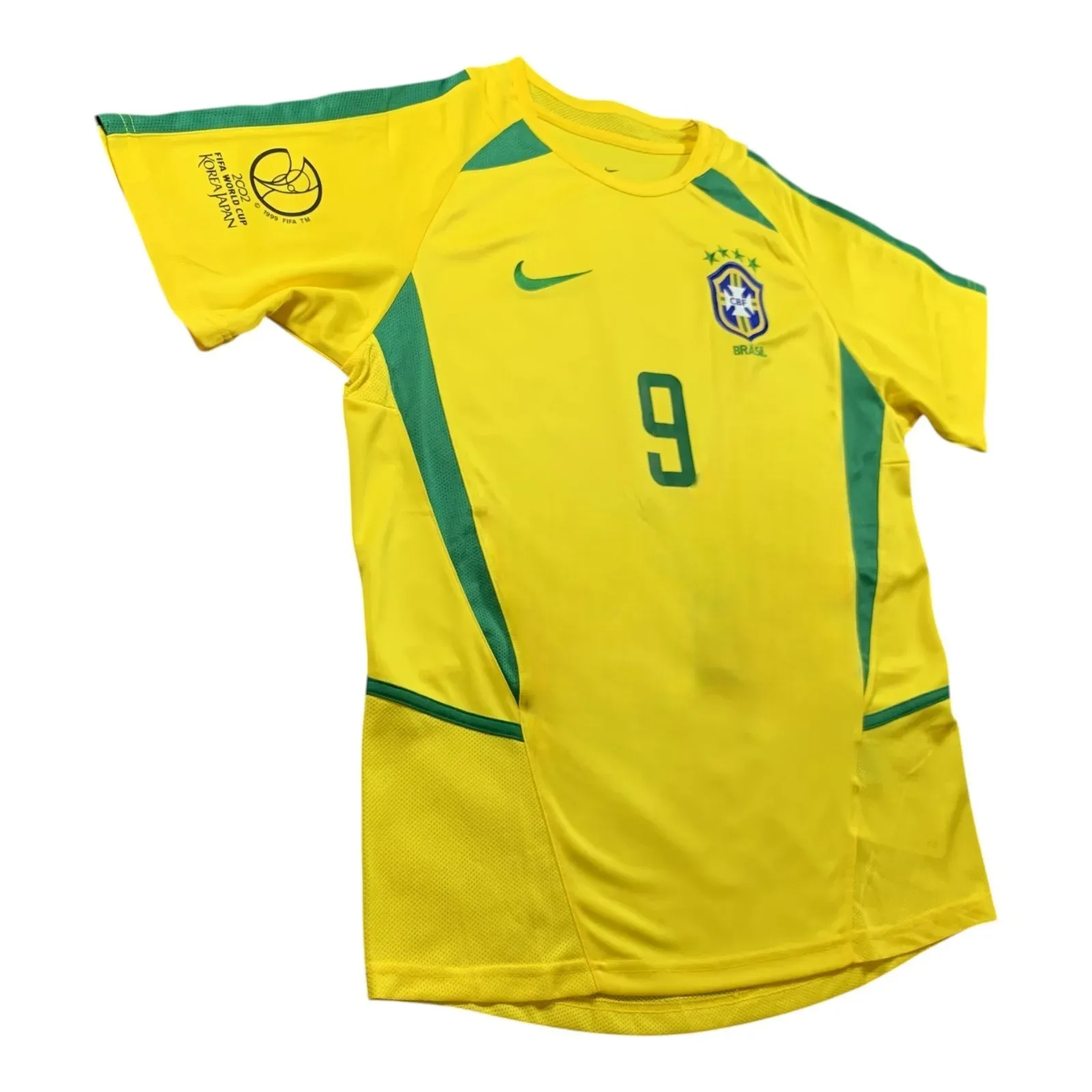 Brazilië retro thuisshirt 2002 geel met groene panelen rond kraag en zijkant