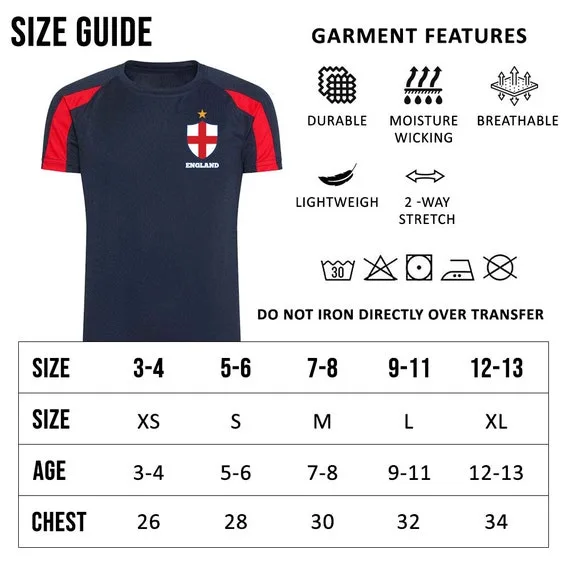 Engeland shirt kindermaten en damesfit — maatvergelijking heren dames kind